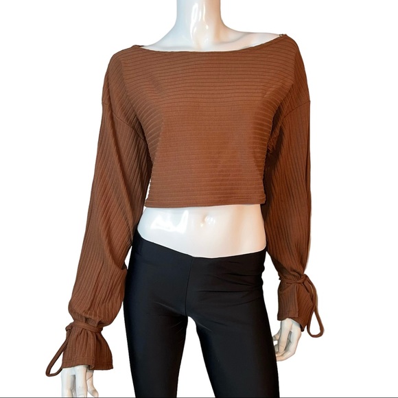 Fashion Nova 2 Piece Long Poet Sleeves Ribbed Brown Crop Top and Pants - Picture 5 of 15